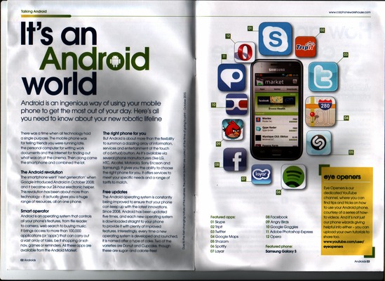 Low-resolution scan of pages 2 and 3 of the Android promo brochure distributed in Carphone Warehouse branches in late 2010