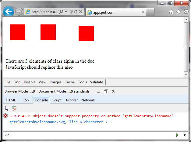 Screengrab of IE9 showing it reporting a JavaScript error on a test SVG file that uses getElementsByClassName