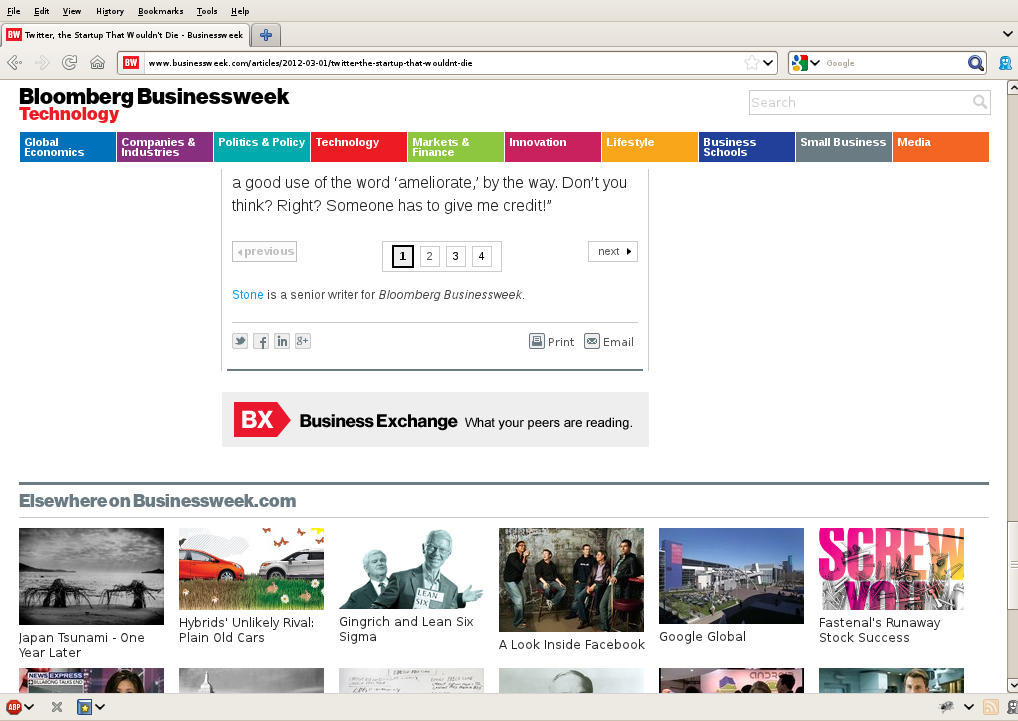 Note the lack of any explicit 'View All' button to show the whole story on a single page (i.e. not 'Print') Screen grab of a browser showing the bottom of an article at businessweek.com, specifically the page navigation