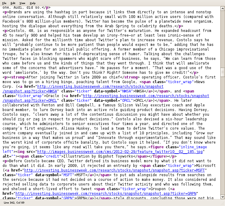 Screen grab of a browser 'View Source' window, showing that there is article content beyond that shown to the user on a page of a businessweek.com article