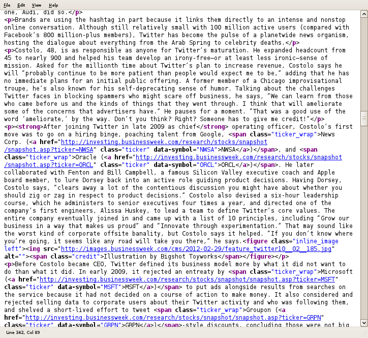 The article is split between pages 1 and 2 around half way down, note the lack of any 'hard-coded' div or section element Screen grab of a browser 'View Source' window, showing that there is article content beyond that shown to the user on a page of a businessweek.com article