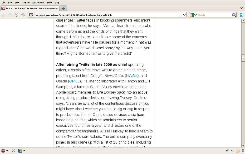 Sometimes it's better to be a JavaScript-free Luddite Screen grab of the businessweek.com story with JavaScript disabled, now showing all the article content on a single page