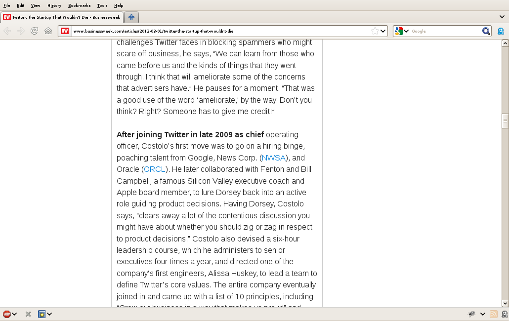 Screen grab of the businessweek.com story with JavaScript disabled, now showing all the article content on a single page