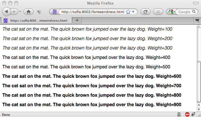 Screen grab from Firefox 3.6 on Mac OS X, showing Helvetica text rendered at different font-weights. The text at lower weights is italicized