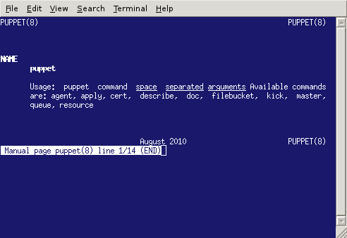 Screengrab of the unhelpful output of 'man puppet'