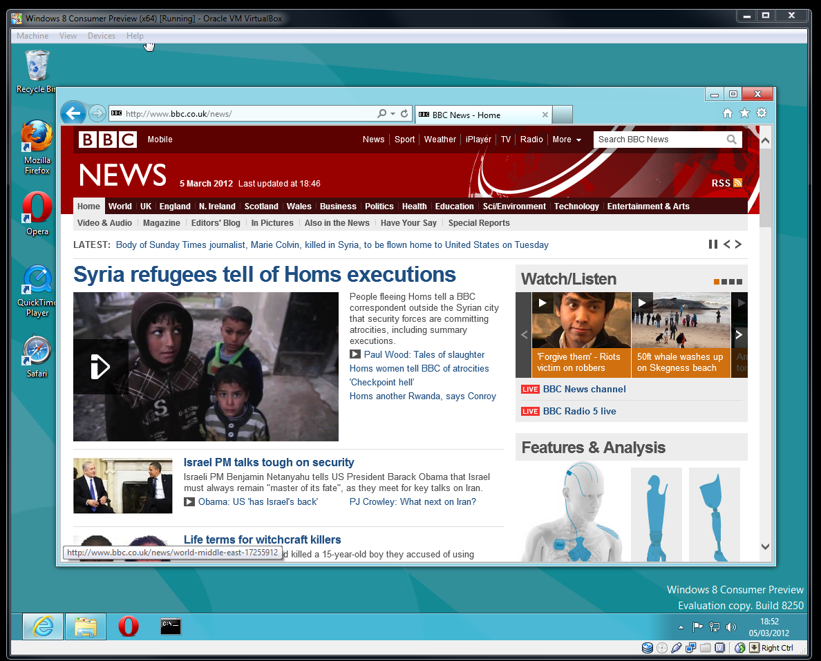 Screen grab of IE10 browser running in the 'regular' Windows UI on Windows 8