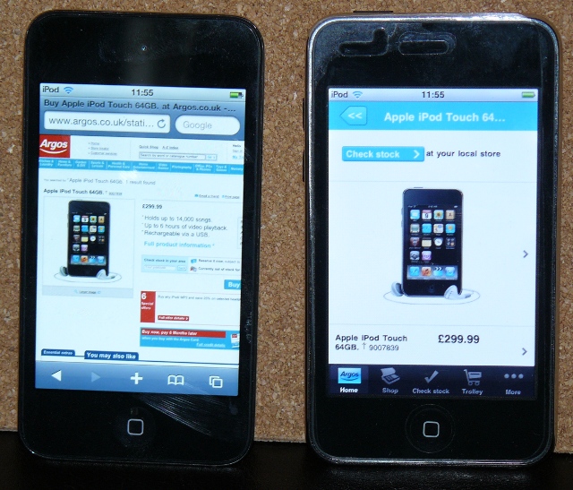 Photo of two iPod Touches, one viewing the Argos web site in Mobile Safari, the other running the Argos iPhone application.  Both display consistent and correct information for the iPod Touch 3G