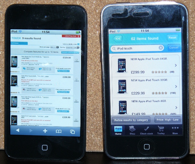 Photo of two iPod Touches, one viewing the Argos web site in Mobile Safari, the other running the Argos iPhone application.  The latter fails to show 4G devices on a search for 'ipod touch'